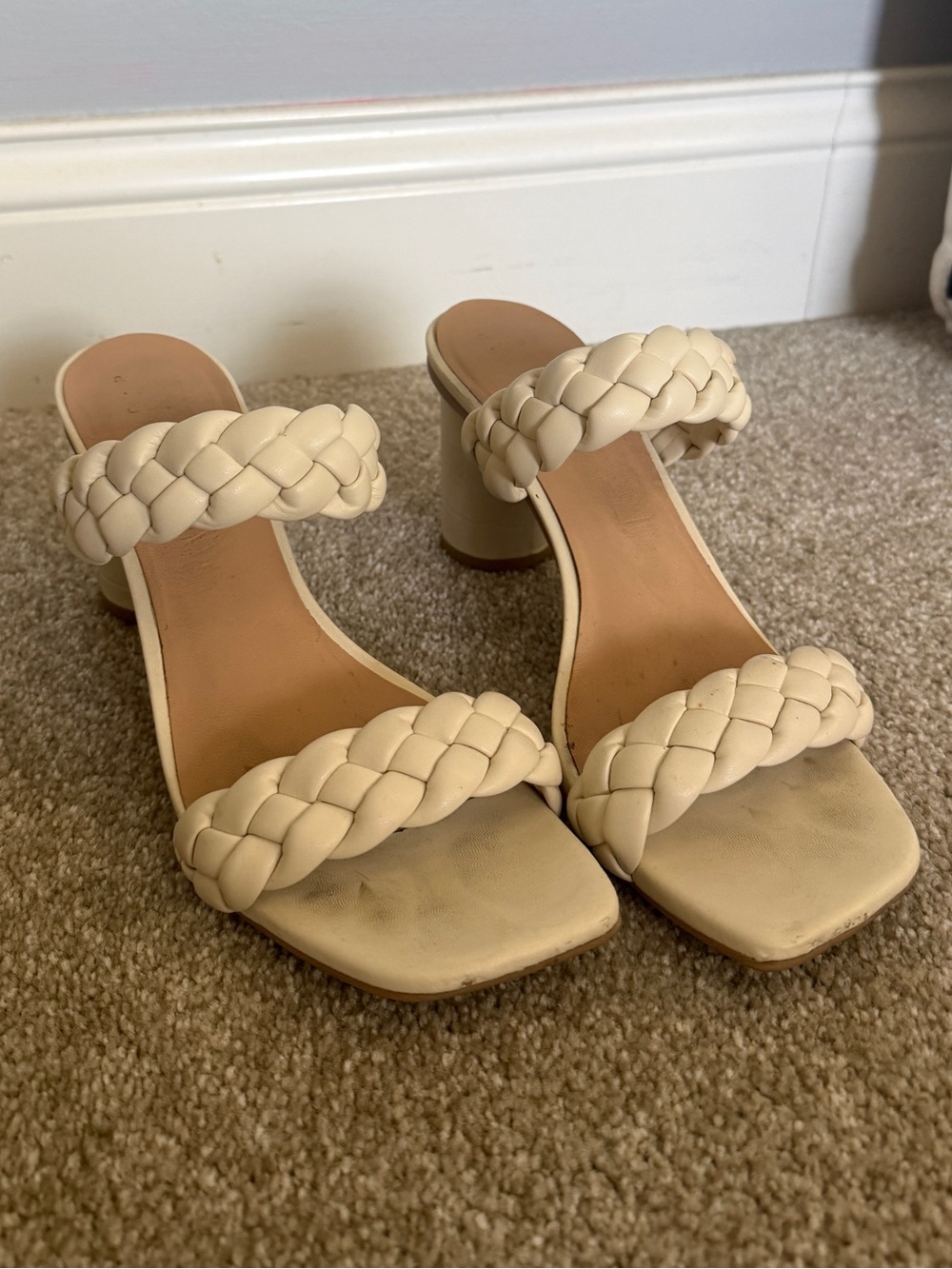 Braided Double-Strap Block Heel Sandals - Cream